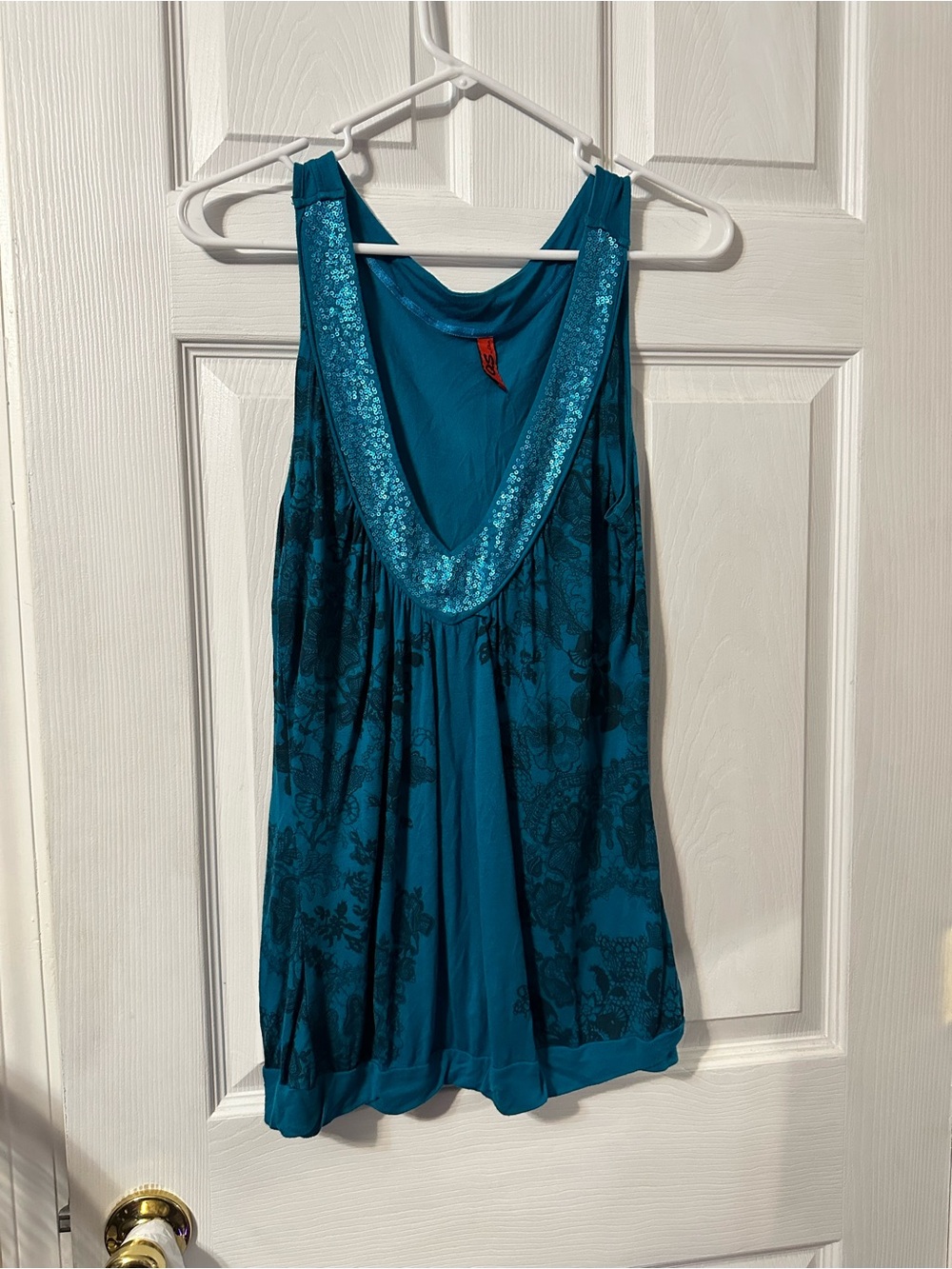 Women's Teal Floral V-Neck Sequin Trim Tank Top